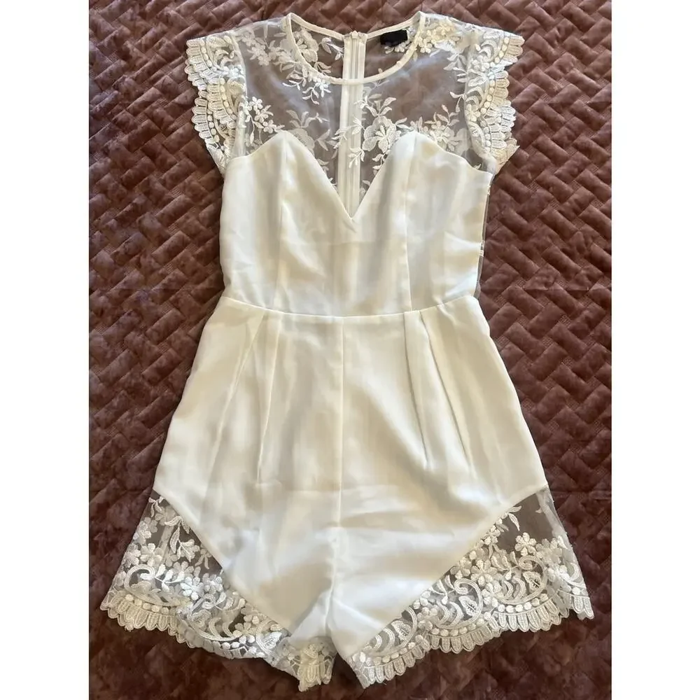 Revolve NBD Sz X-Small Ivory Picnic Day Embroidered Sheer Lace Mesh Short Romper